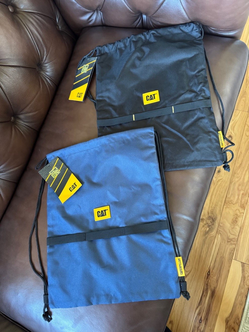🆕 bundle of 2 Drawstring Caterpillar Nathan Gym Bags Black & Blue 16.25”x 12.5”
